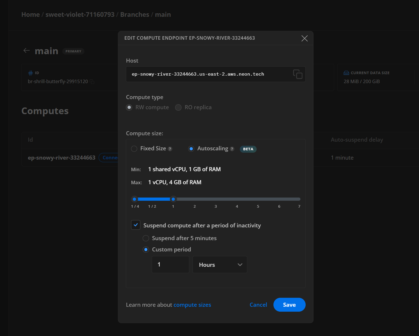 Connection warmup autosuspend and autoscaling configuration