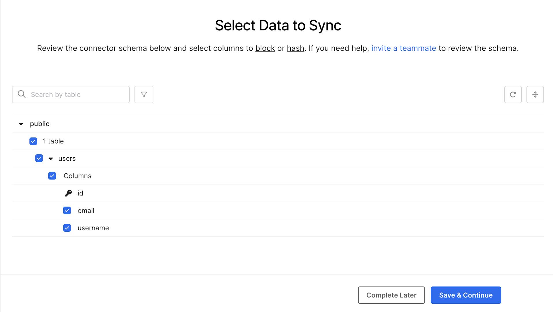 Fivetran select data to sync page