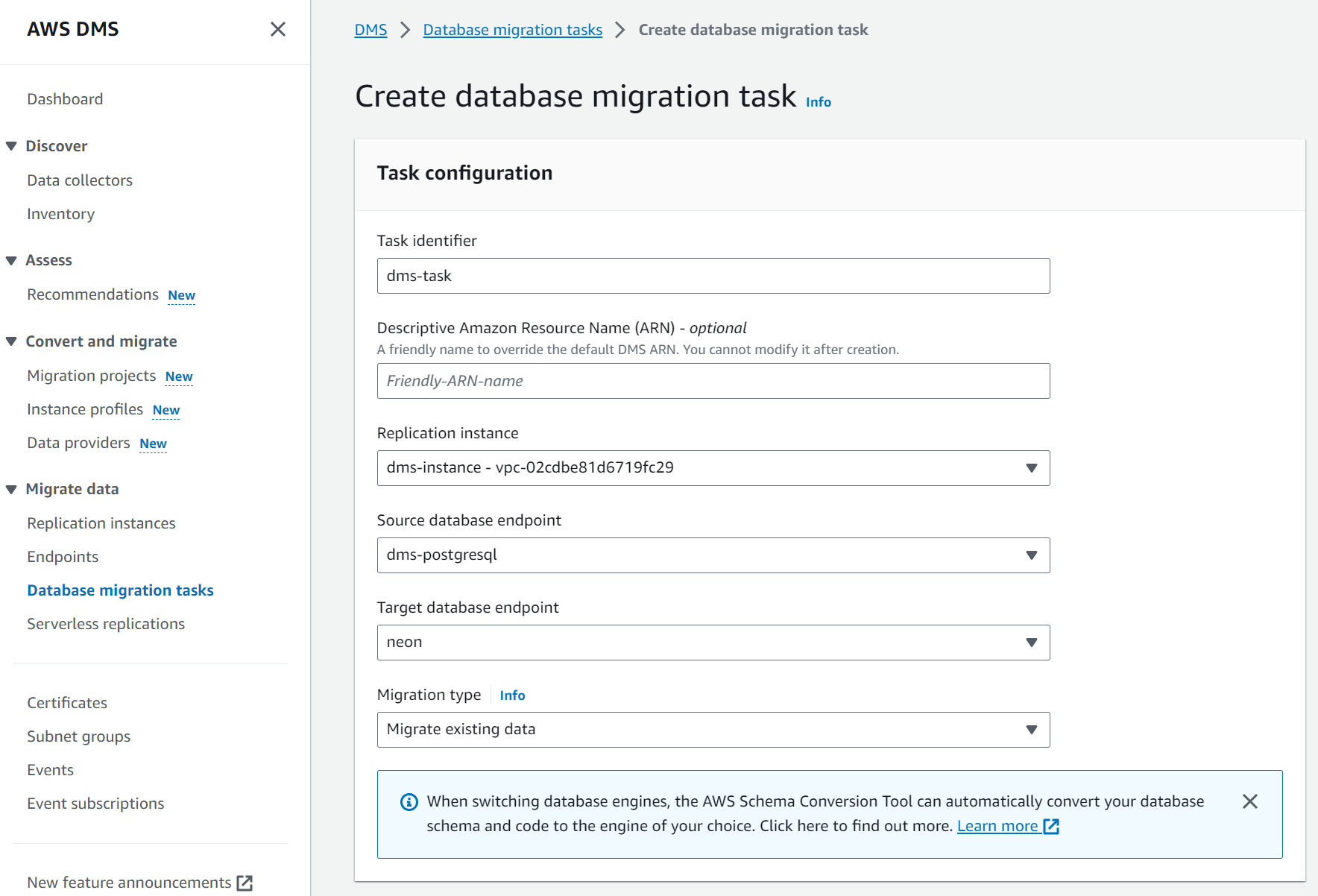 DMS database migration task configuration