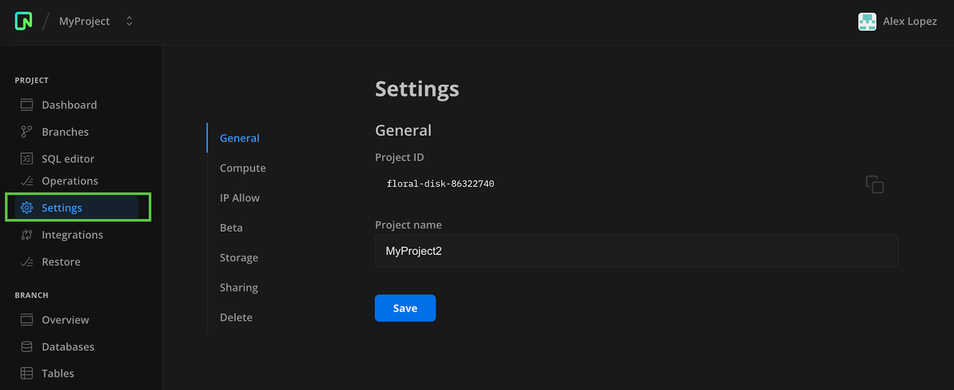 Project Settings page