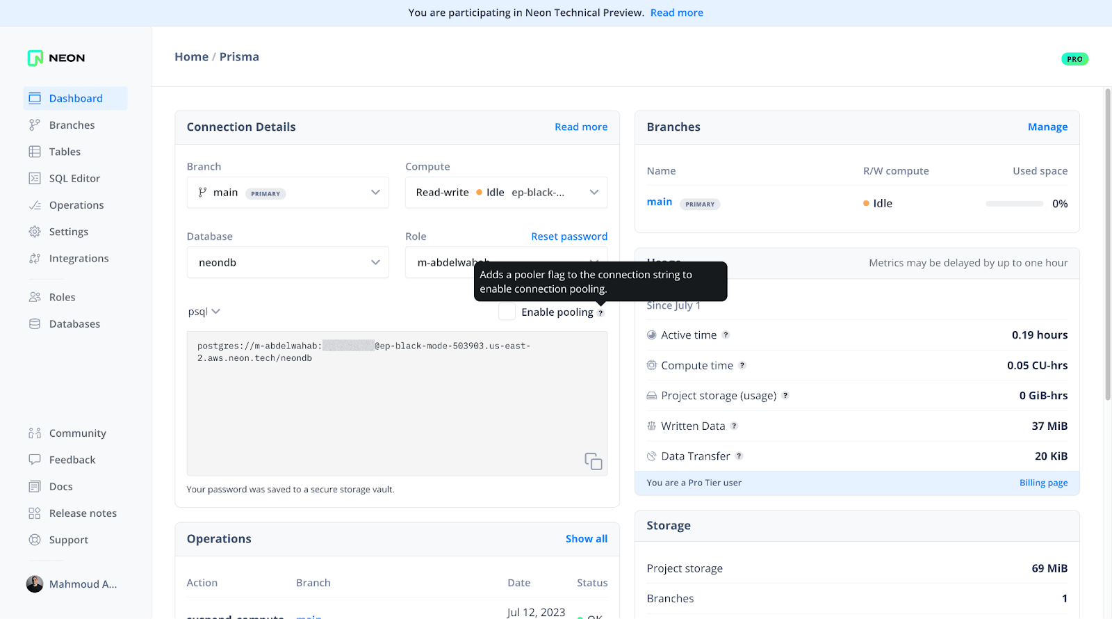 Neon console UI showing the pooling option for the connection string