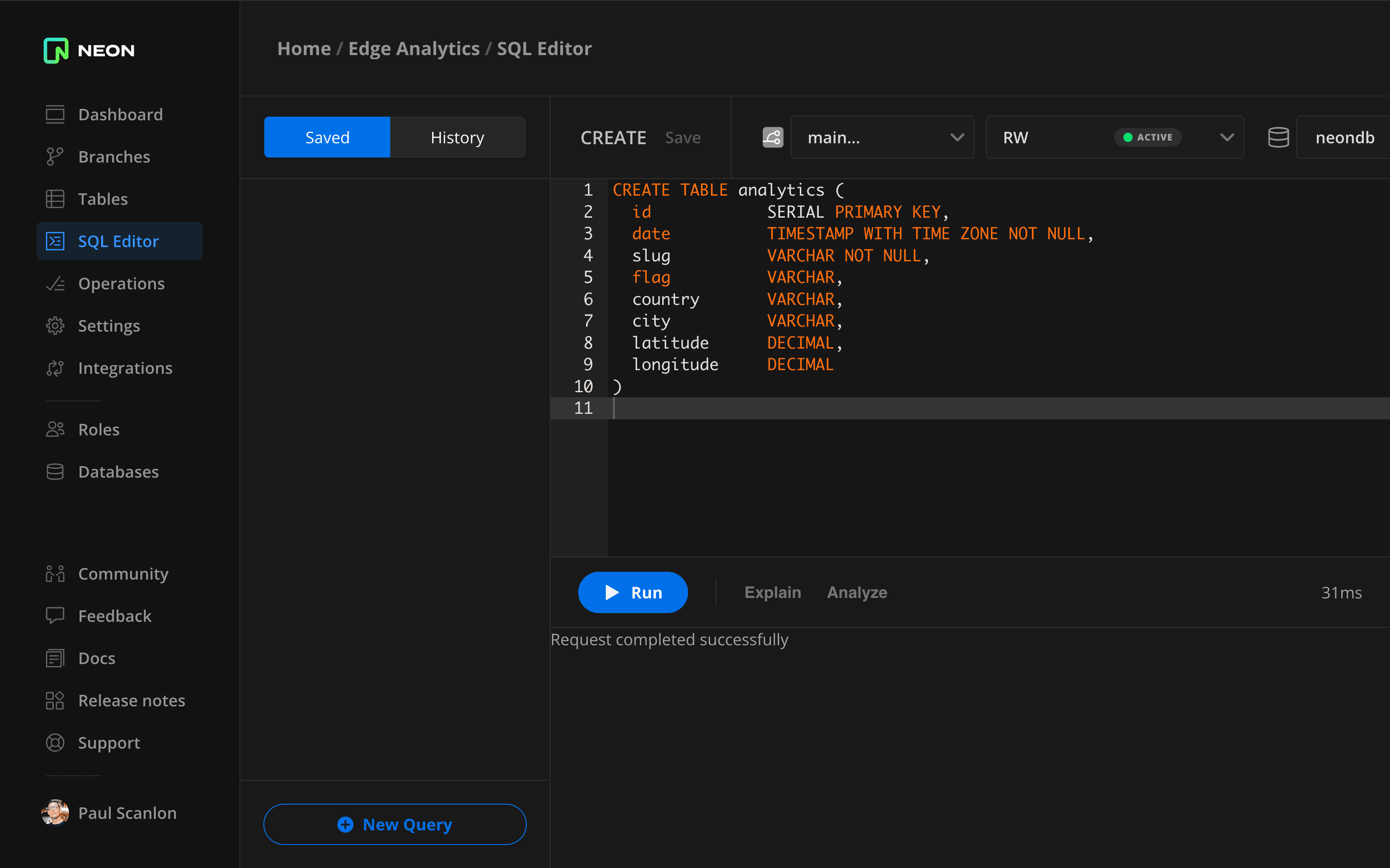 Screenshot of Neon Console SQL Editor