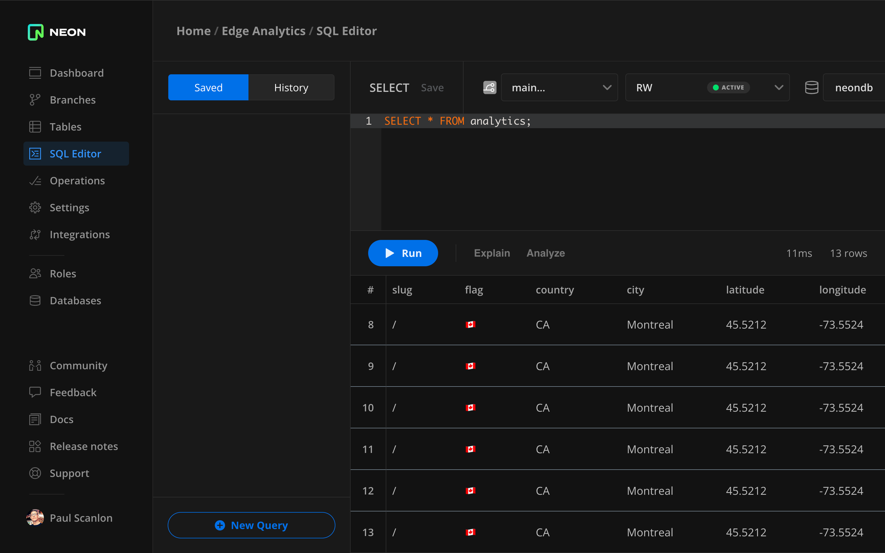 Screenshot of Neon console showing result of SELECT * FROM analytics